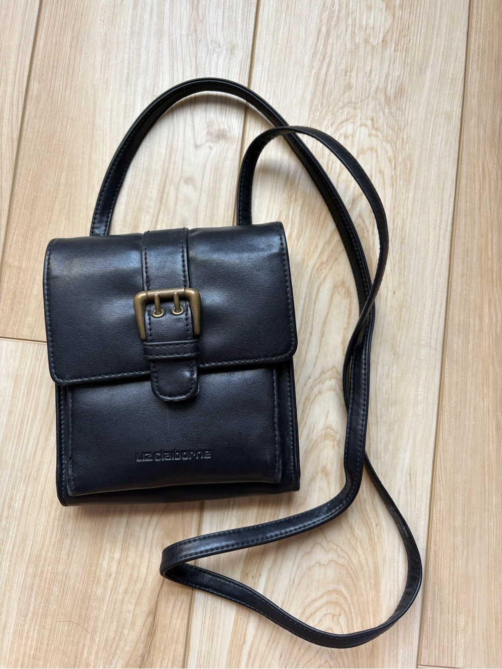 Vintage Liz Claiborne Mini Chunky Black Leather Crossbody Bag with Brass Buckle